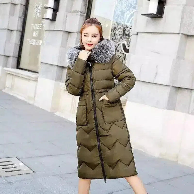 Winter Floral Quilted Jacket with Fur Hood-Army Green-5