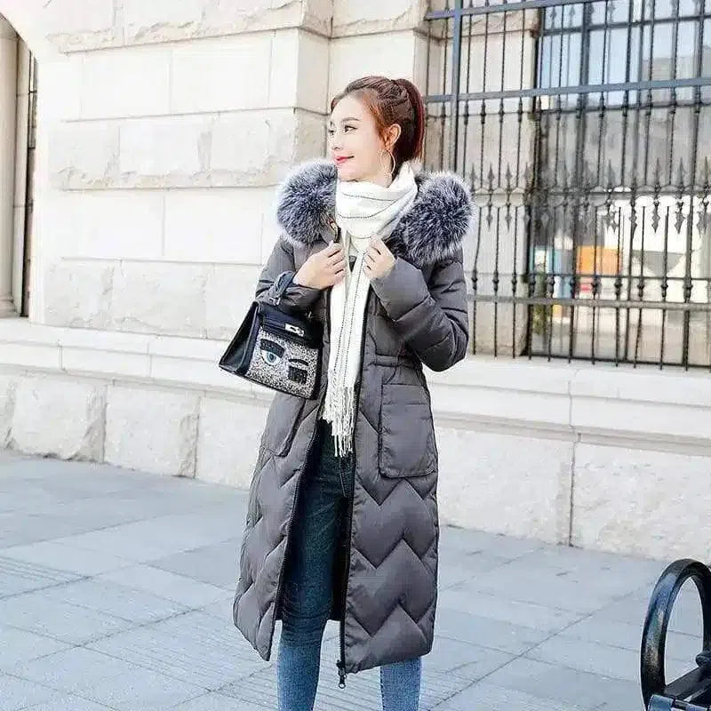 Winter Floral Quilted Jacket with Fur Hood-Dark Grey-6