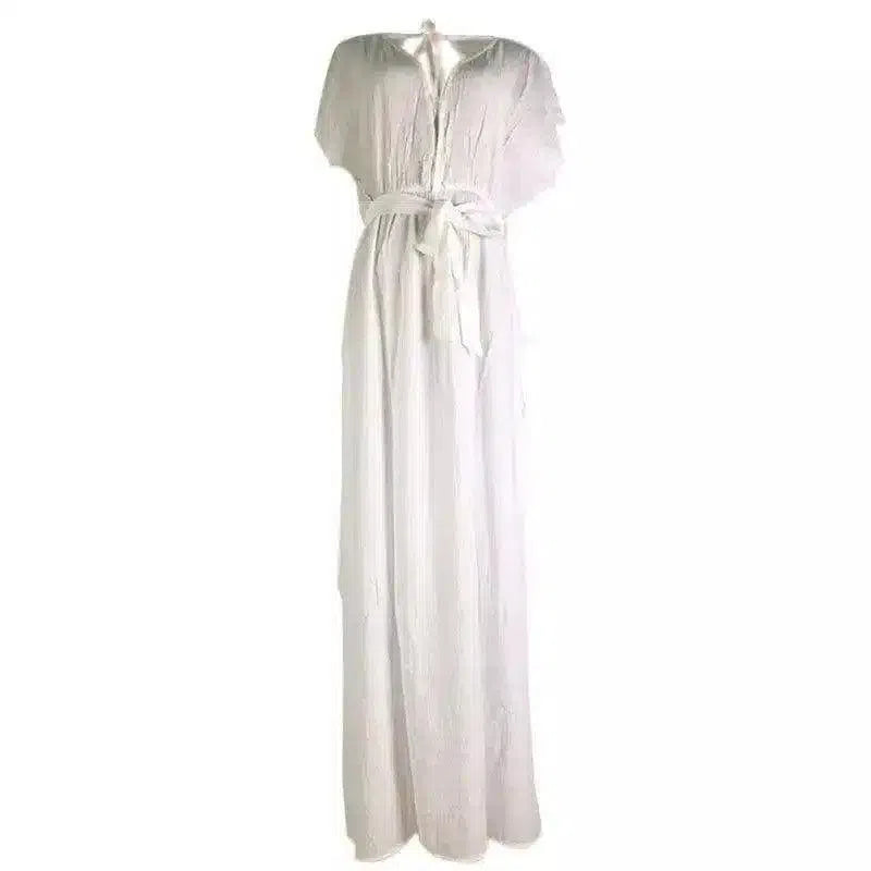 Summer Maxi Dress with V-Neck and Tie Waist-White-2