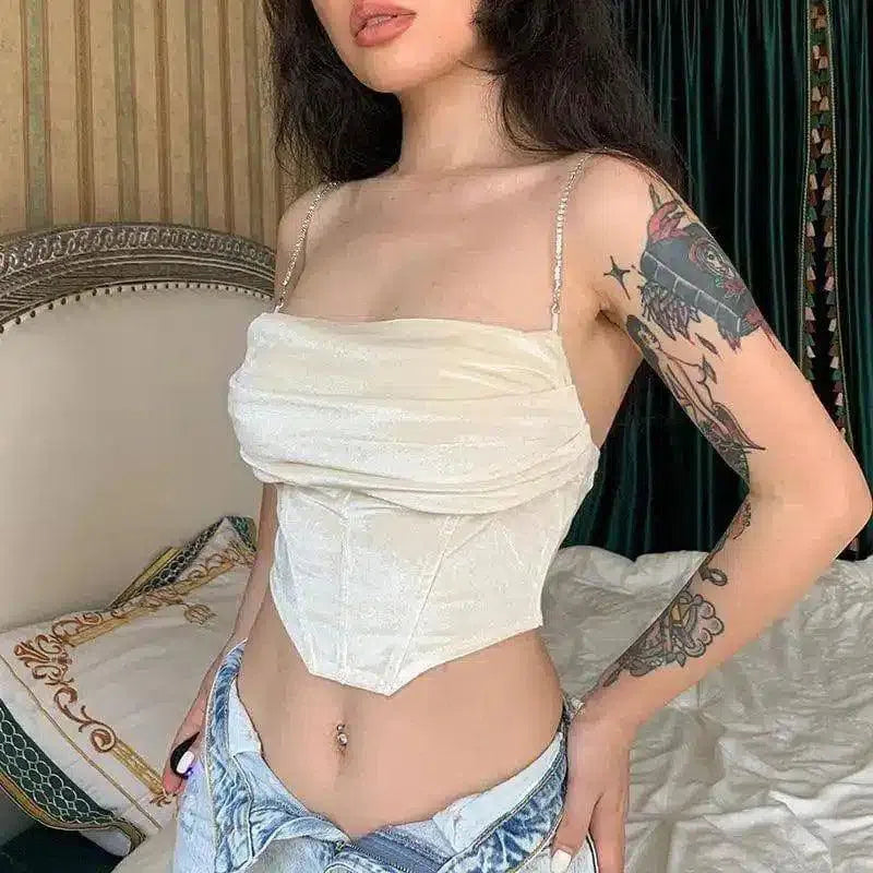 Velvet Strapless Crop Top with Chain Straps-Yellow-2
