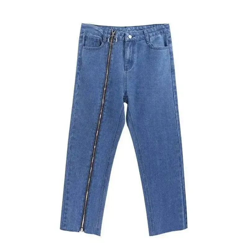 Make old right leg creative zipper jeans.-blue-2