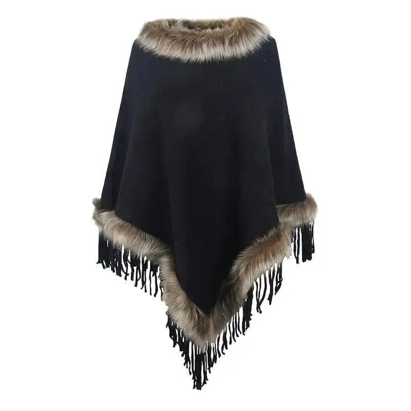 Mao Mao Yu Foreign Trade Knitted Tassel Cloak For Women-Black-5