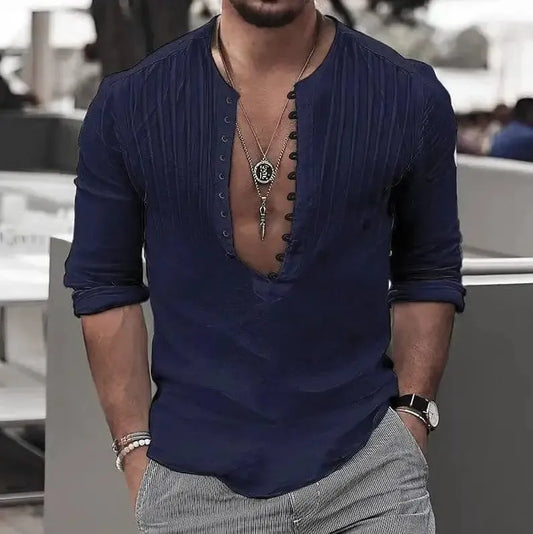 Men's Casual Loose Button Cotton Round Neck Shirt-Navy Blue-1