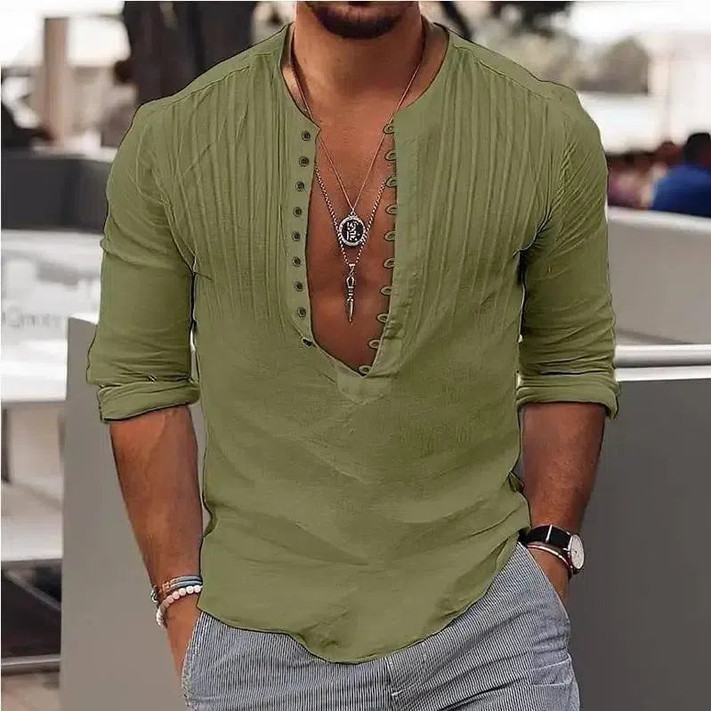 Men's Casual Loose Button Cotton Round Neck Shirt-Army Green-4