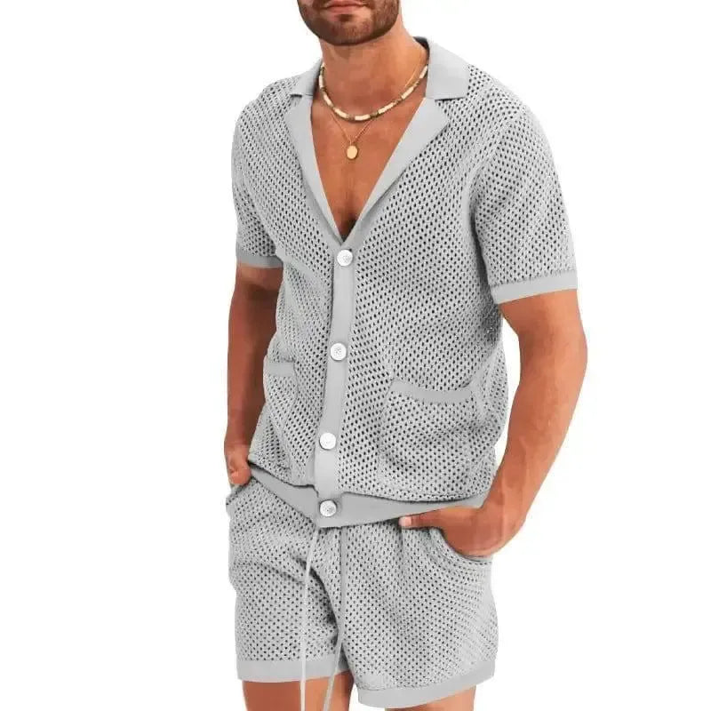 Men's Casual Knit Casual Lapel Two-Piece Suit-Gray-4