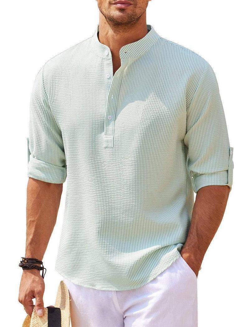 Men's Casual Shirt Long Sleeve Stand Collar Solid Color Shirt Mens Clothing Khaki / 5XL-10