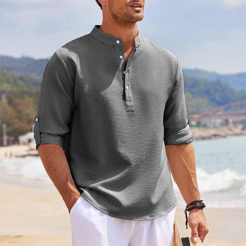 Men's Casual Shirt Long Sleeve Stand Collar Solid Color Shirt Mens Clothing Khaki / 5XL-2