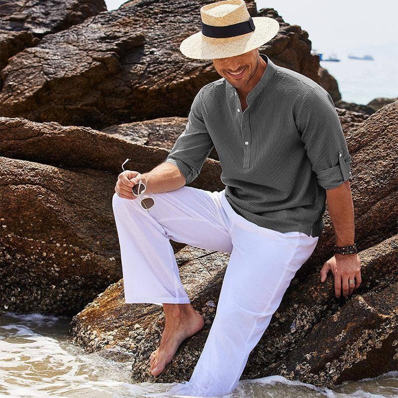 Men's Casual Shirt Long Sleeve Stand Collar Solid Color Shirt Mens Clothing Khaki / 5XL-3