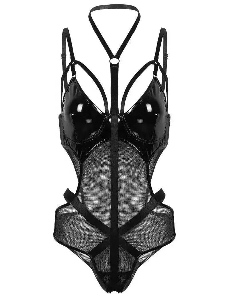 Faux Leather PU Hollow Halter One Piece Lingerie-Black-2