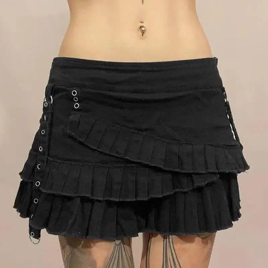 Metal Buckle Irregular Pleated Denim Skirt-1