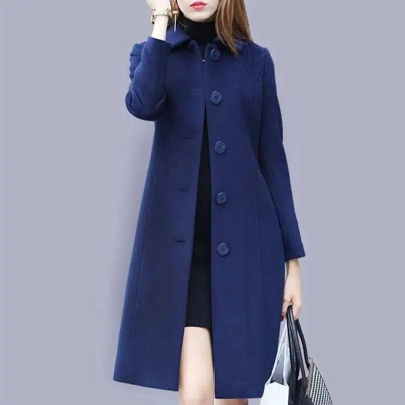 Mid-length Hepburn Style Slim Slim Woolen Coat-Blue-3