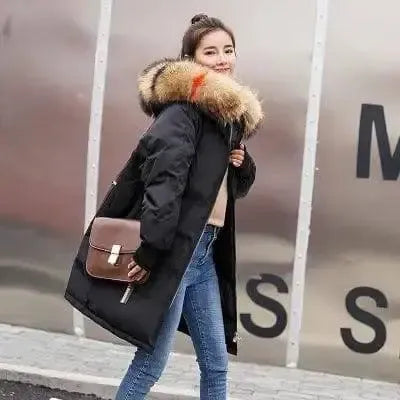 Mid-length Large Fur Collar Down Coat Plus Size Korean-Blackcolorhair-7
