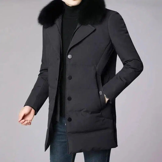 Mid-length thick warm casual hooded coat-Black-1