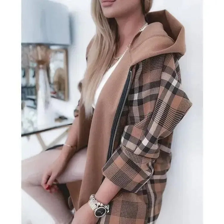 Mid-length Zipper Plaid Coat Women's Loose Coat-Black-3