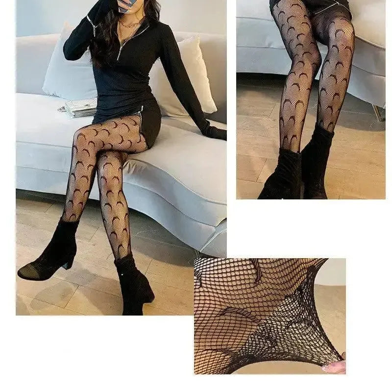 Moon Fishnet Stockings Women Black Silk Rompers-5