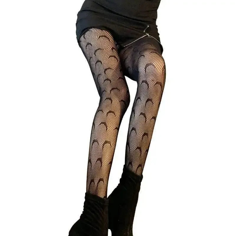 Moon Fishnet Stockings Women Black Silk Rompers-6
