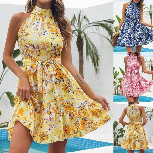 New Flowers Print Halterneck Dress Summer Fashion Pink / 2XL-1