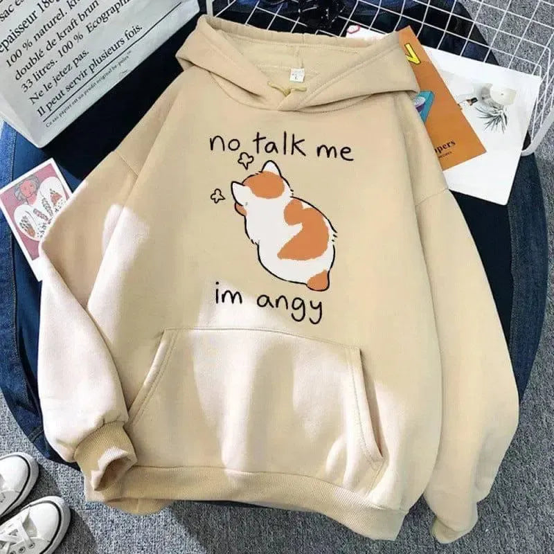 No Talk Me Cute Angry Cat Print Women Hoodie-Beige-8