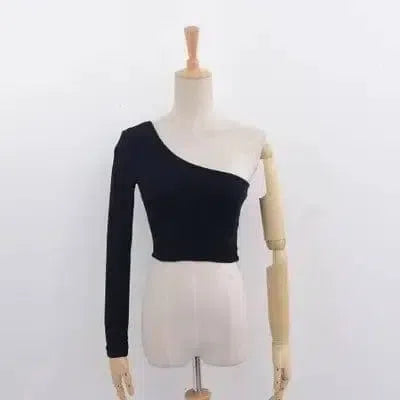 Off Shoulder Female Knitted Crop Top Women White Black-Black-3