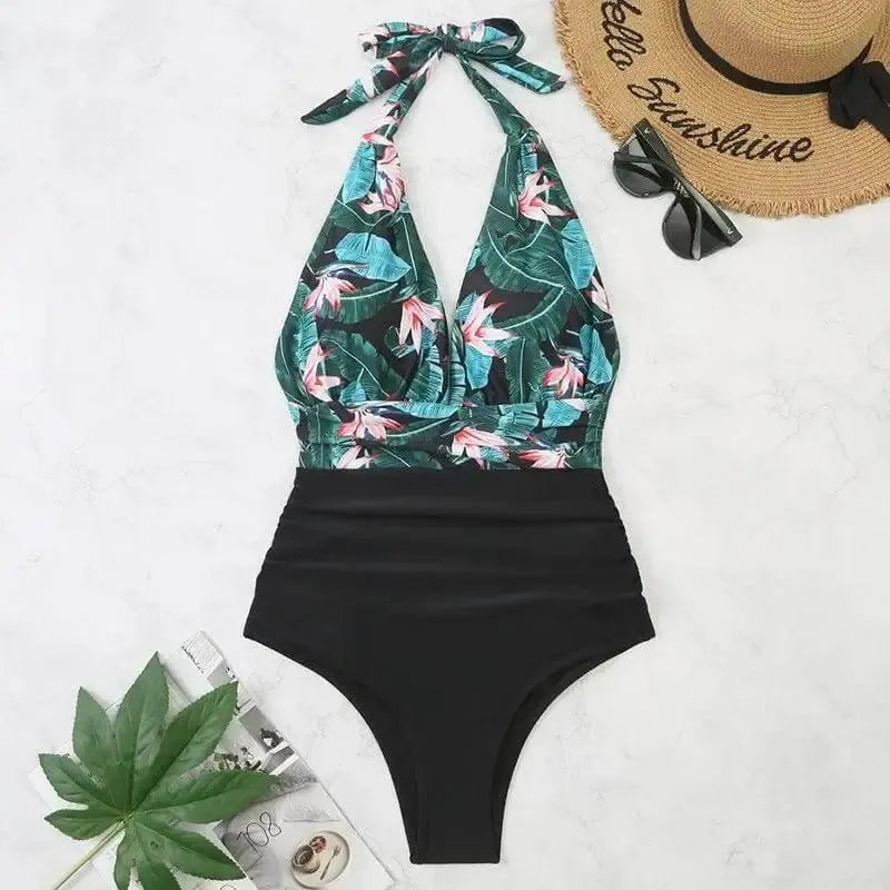 One-piece Halter Matching Belly Bikini Women-Blackflower-9
