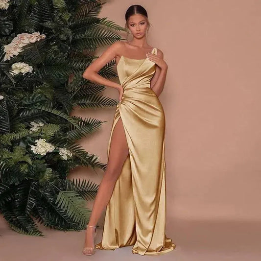 One-shoulder Fishbone Slit High-waisted Long Dress-1