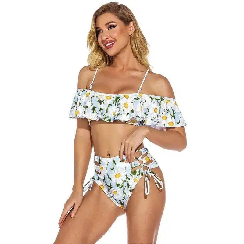 One-Shoulder Ruffled Lace-Up High-Waist Printed Split-2