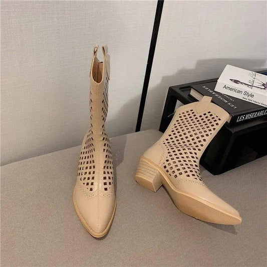 Pointed Western Cowboy Boots Women Thin Hollow Knight Thick-Khaki-1