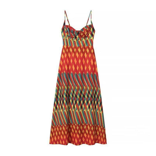 Printed camisole dress backless long skirt-orange-1