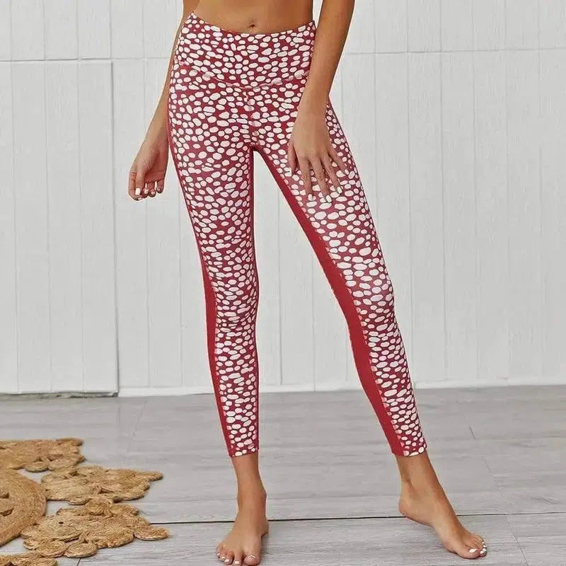 Printed stitching leggings-Red-2