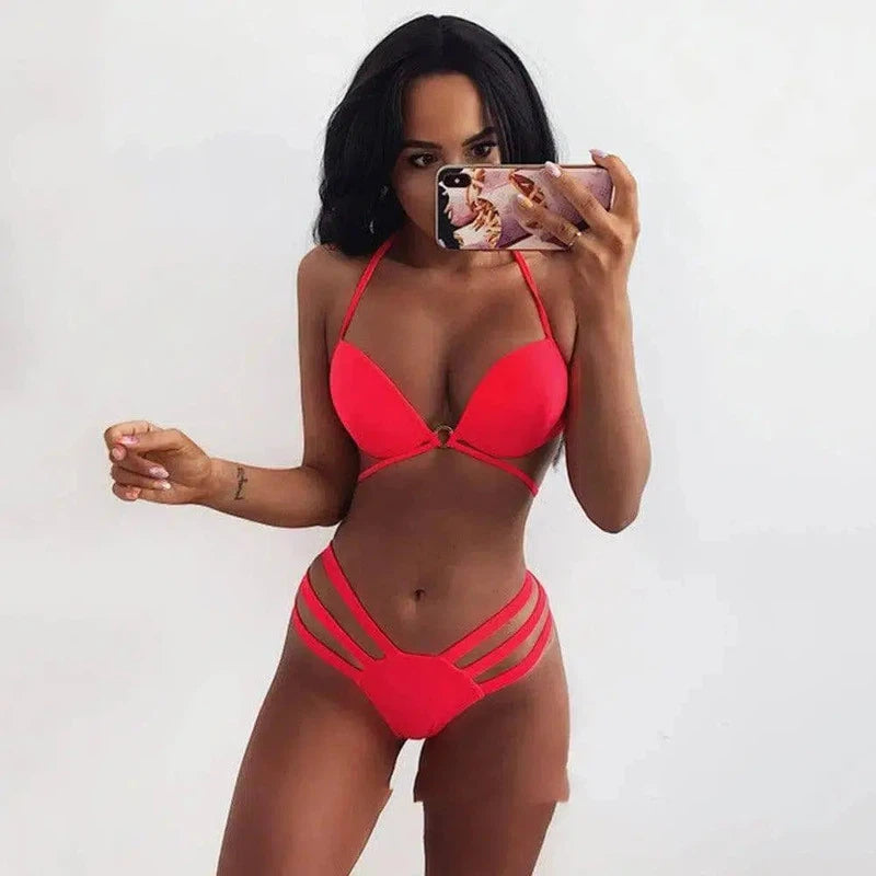 Product Solid Color Bikini Ladies Split Swimsuit-Red-1