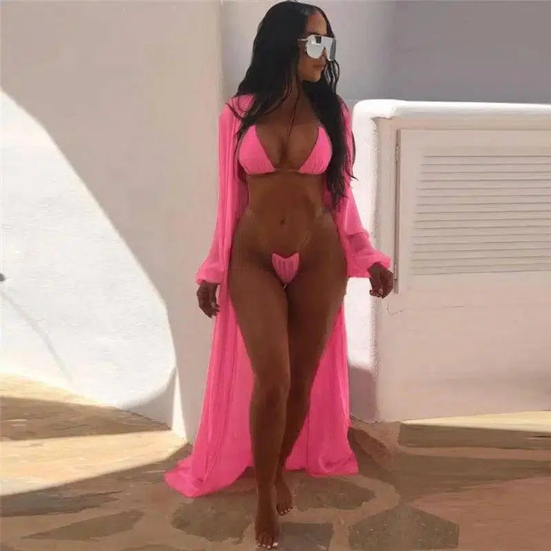 pure color two-piece bikinis long-sleeved blouse-2