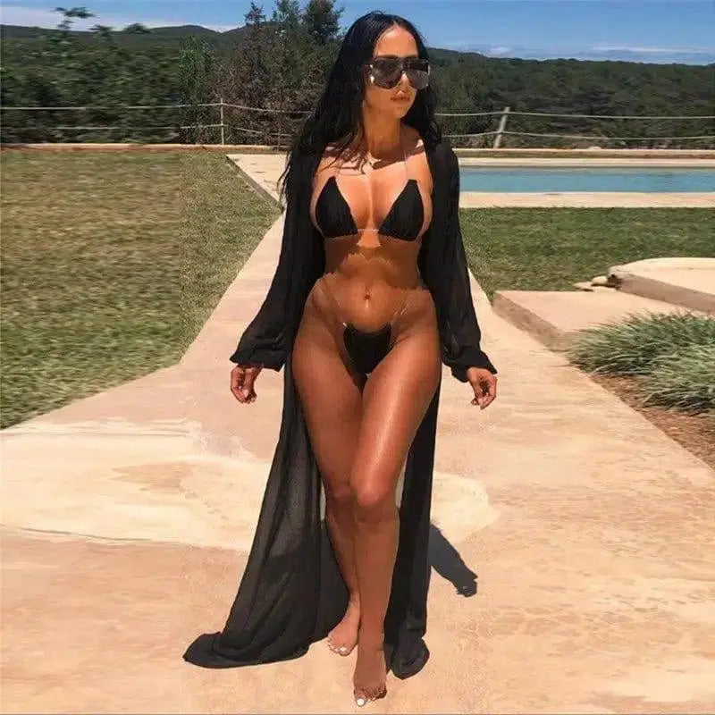 pure color two-piece bikinis long-sleeved blouse-Black-3