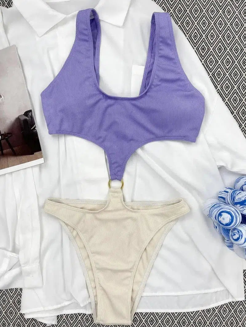 Trendy Cutout Swimsuit | Chic Beachwear-Purplewhite-2