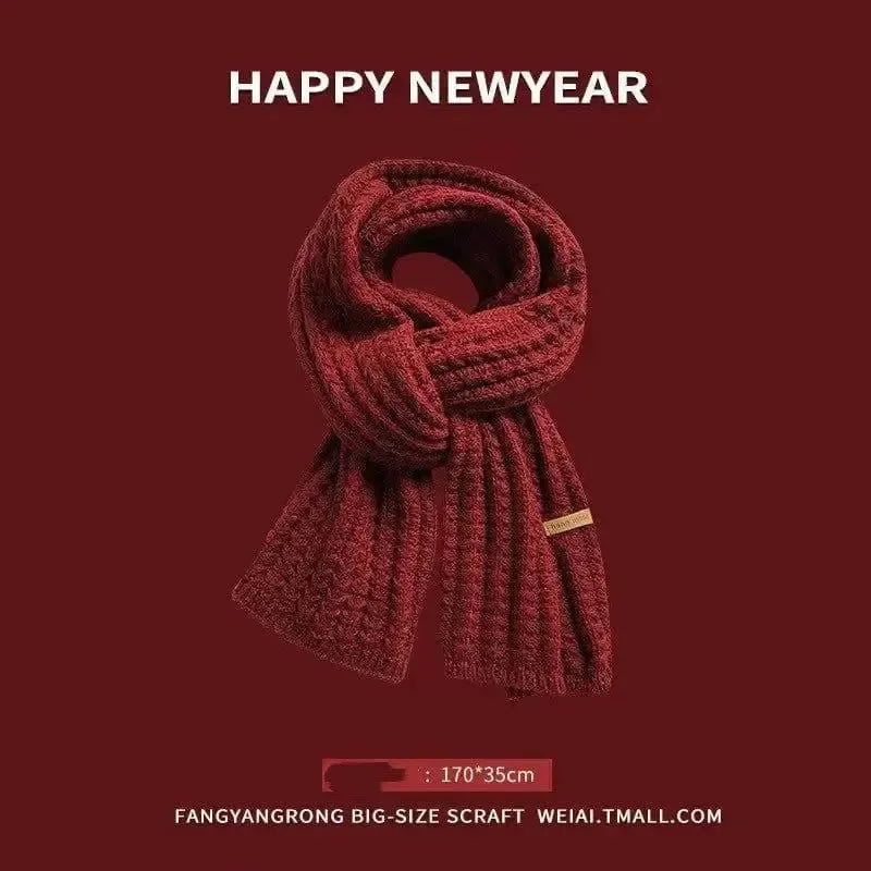 Red Year Scarf Women's Winter Christmas Knitting Wool-Field weave dark red-7