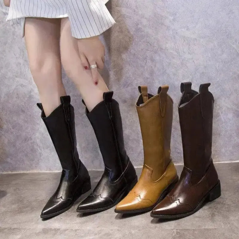 Retro Pointed Toe Thick Heel High Boots Women-4
