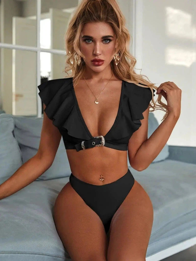 Ruffle bikini split swimsuit women's swimwear-Black-3
