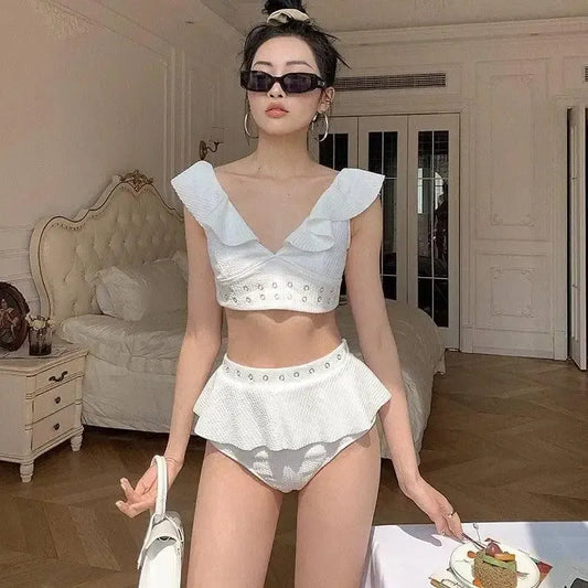 Ruffled Bikini Gathered Backless High Waist Split-White-1