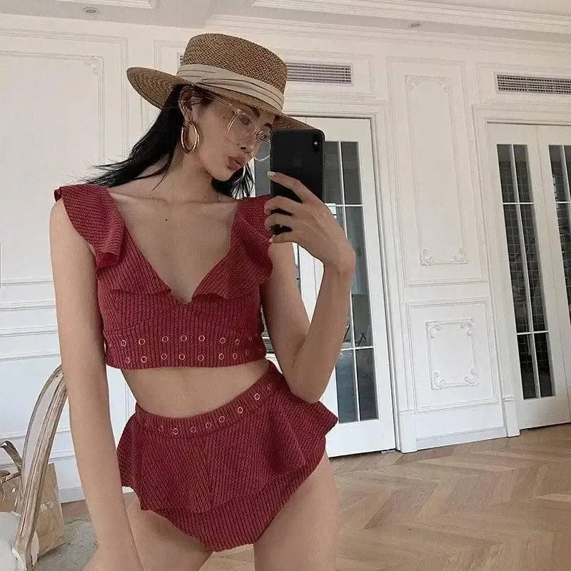 Ruffled Bikini Gathered Backless High Waist Split-Red-3