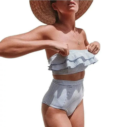 Ruffled Bikini Tube Top High Waist Striped Swimsuit-Blue-1