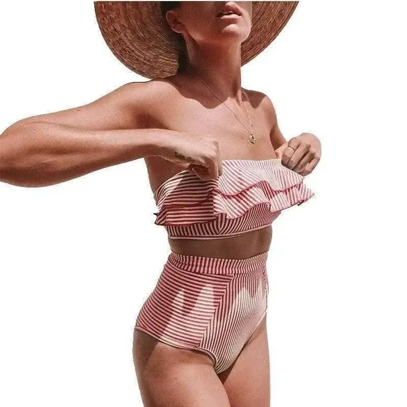 Ruffled Bikini Tube Top High Waist Striped Swimsuit-Red-3
