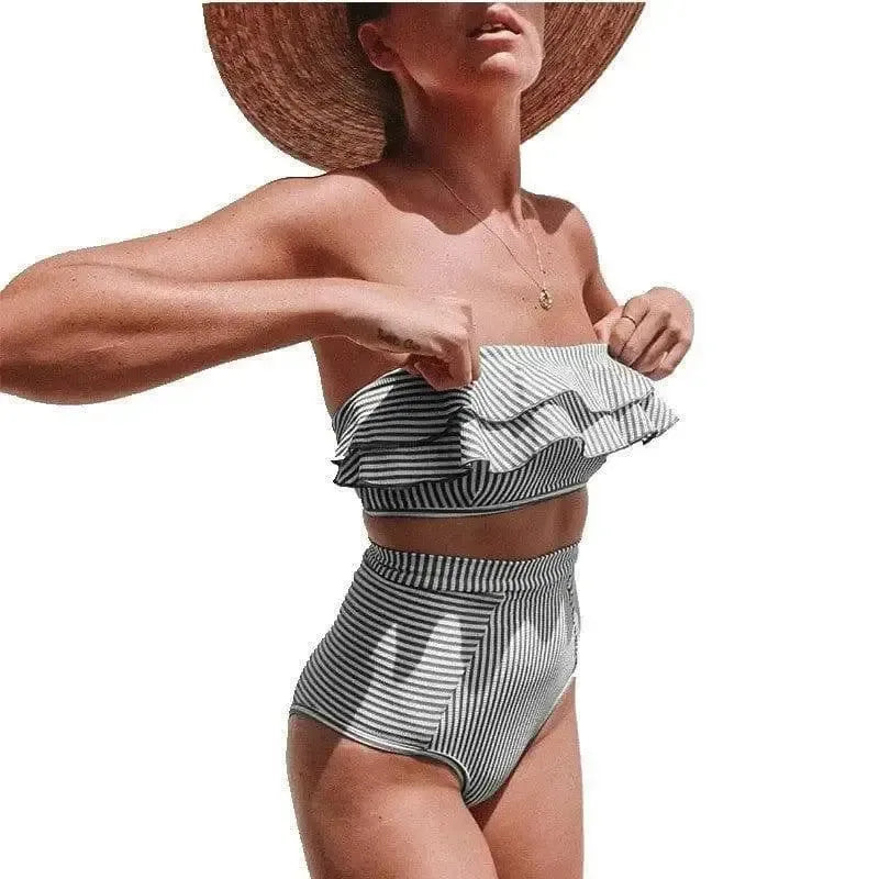 Ruffled Bikini Tube Top High Waist Striped Swimsuit-Black-4