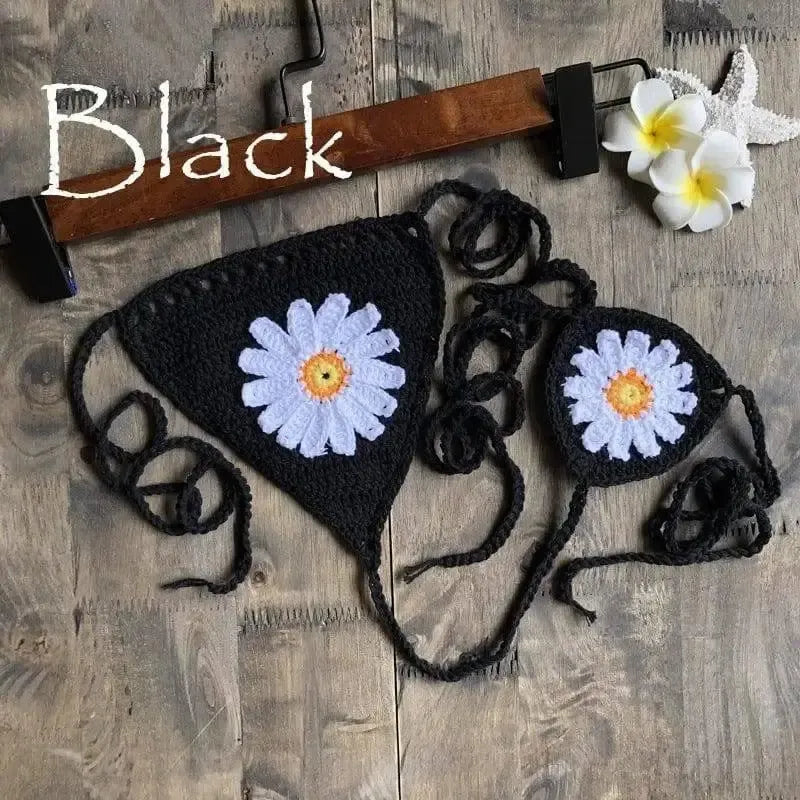 Beach Hollow Bikini Bottoms Handmade Crochet Sunflower-Black-8