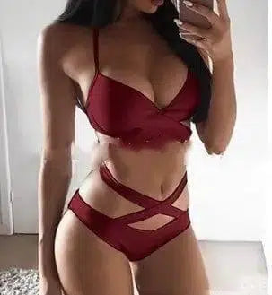 Black And White Color Matching Bikini Women'S Split-Redwine-12