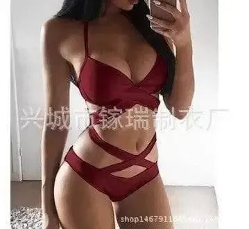 Black And White Color Matching Bikini Women'S Split-RedWine-9