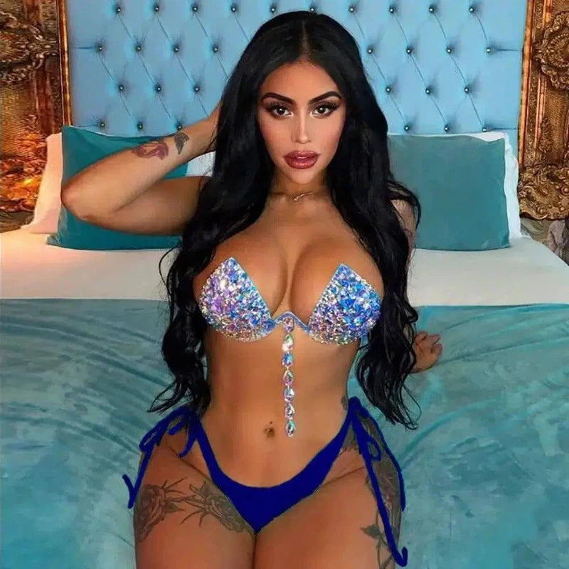 handmade beaded bright diamond bikini suit-Blue-2