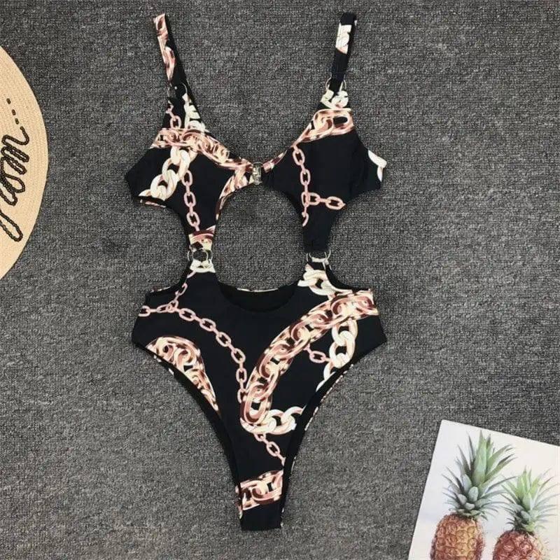 hollow stitching one-piece bikini-Black-2