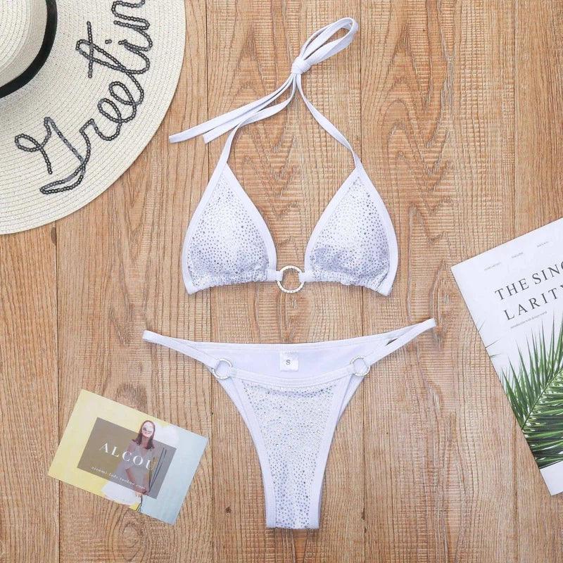 Lace up Bikini Diamond Swimsuit Split Swimsuit-White-1