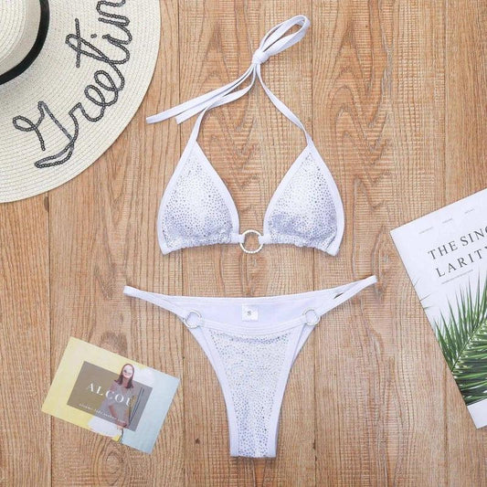 Lace up Bikini Diamond Swimsuit Split Swimsuit-White-1