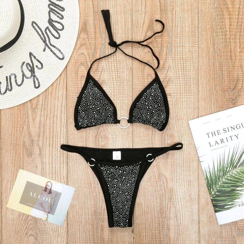 Lace up Bikini Diamond Swimsuit Split Swimsuit-Black-3