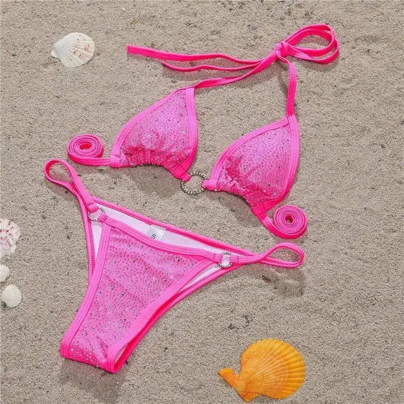 Lace up Bikini Diamond Swimsuit Split Swimsuit-Pink-5